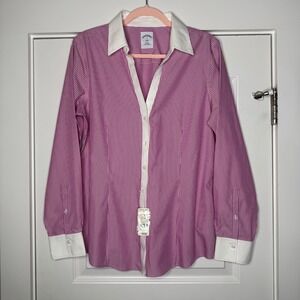 Brooks Brothers Womens 12 Pink Pinstripe Contrast Stitch Collar Cuff Button Up